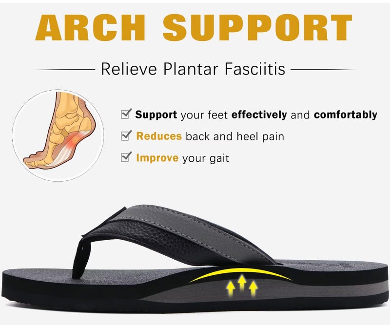 KuaiLu Men's Leather Flip Flops Arch Support Summer Beach Pool Water Thong Sandals Waterproof Rubber Walking Shoes Slip on Orthotic Casual Sport Cushioned Wide Slides Shower Slippers Black Size 12 - Image 4
